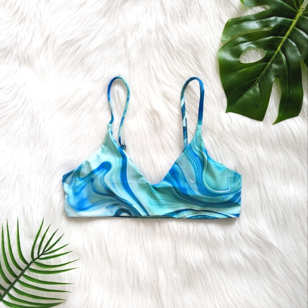 Blue and green abstract swirl adjustable bikini top size S M L